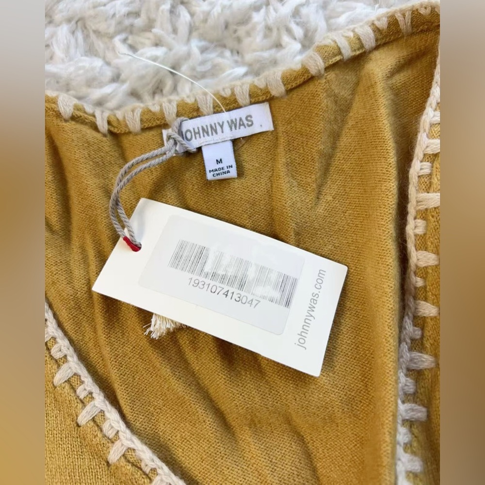 NWT Johnny Was Whipstitch Embroidered 100% Cashmere Pullover Mustard Gold Sz M - Picture 4 of 5